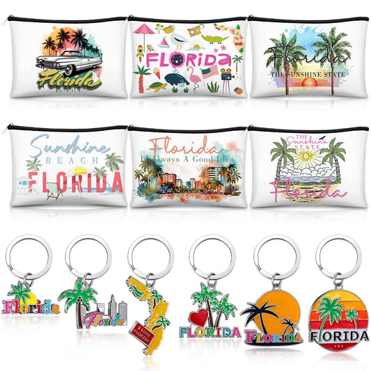 Landical 6 Sets Florida Souvenir Gifts Include 6 Pcs Florida Cosmetic Bag and 6 Pcs Metal Keychain for Women Traveler Christmas Party Gifts