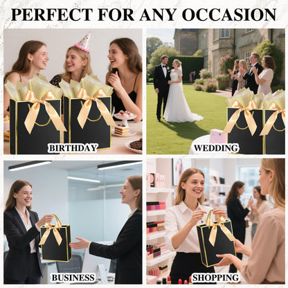 GEGIBOA Gift Bags 3 Pcs Medium Size Paper Gift Bags with Tissue Paper and Handles,Bow Ribbon and Greeting Cards, 8" x 5" x 10", Black