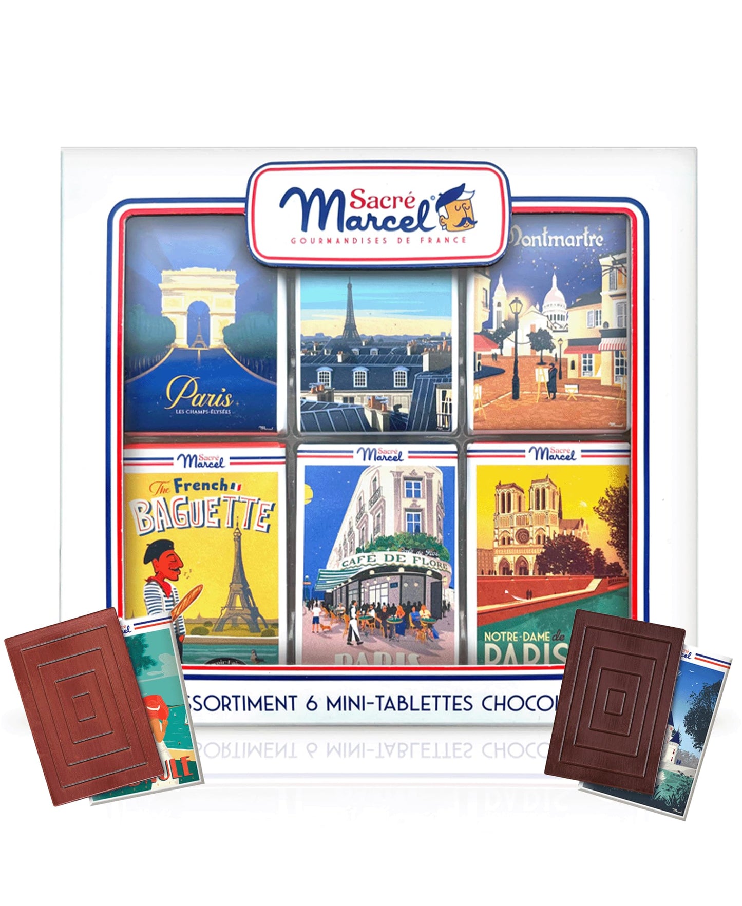 Sacré Marcel – Paris Gift Box with 6 Mini Chocolate Bars, Assorted French Chocolates Individually Wrapped, Dark Chocolate Almond, Milk Chocolate Hazelnut, 3.5oz