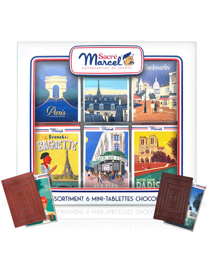 Sacré Marcel – Paris Gift Box with 6 Mini Chocolate Bars, Assorted French Chocolates Individually Wrapped, Dark Chocolate Almond, Milk Chocolate Hazelnut, 3.5oz