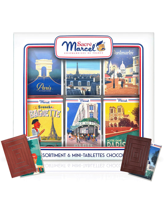 Sacré Marcel – Paris Gift Box with 6 Mini Chocolate Bars, Assorted French Chocolates Individually Wrapped, Dark Chocolate Almond, Milk Chocolate Hazelnut, 3.5oz
