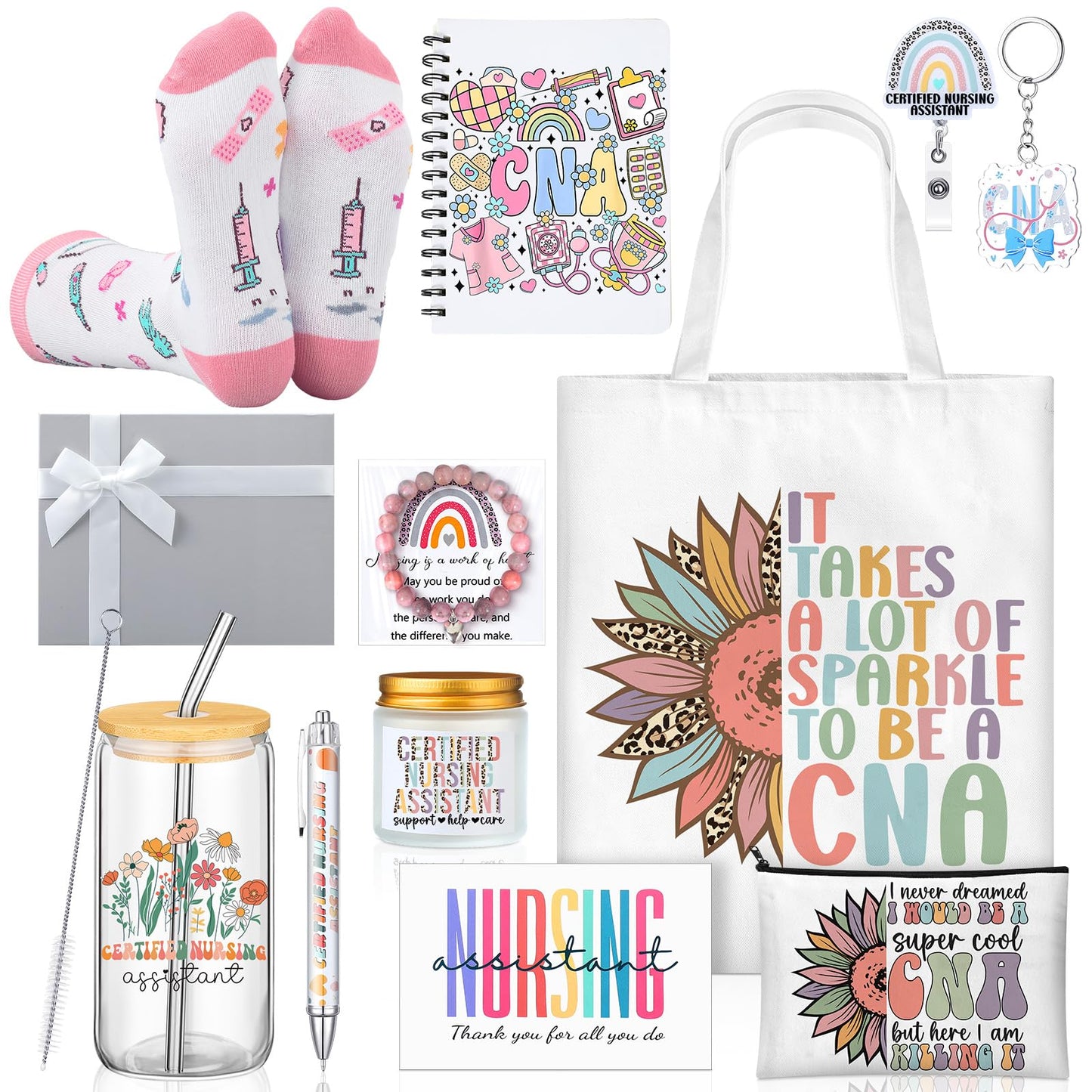 Remerry 12 Pcs CNA Week Gifts Bulk Nurse Appreciation Gift Set for Women Includes Tote Bag Pen Glass Cup Candle Notebook Bracelet Badge Holder for Graduation Teacher Student Coworker Team