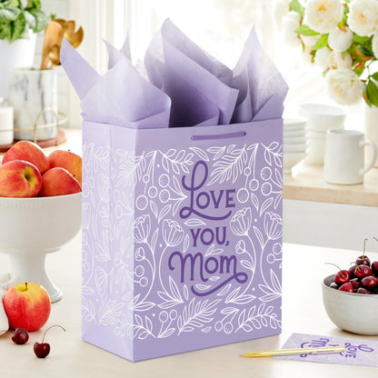 Hallmark 13" Large Mother's Day Gift Bag with Tissue Paper and Card (Love You Mom, Lavender, Modern Flowers)