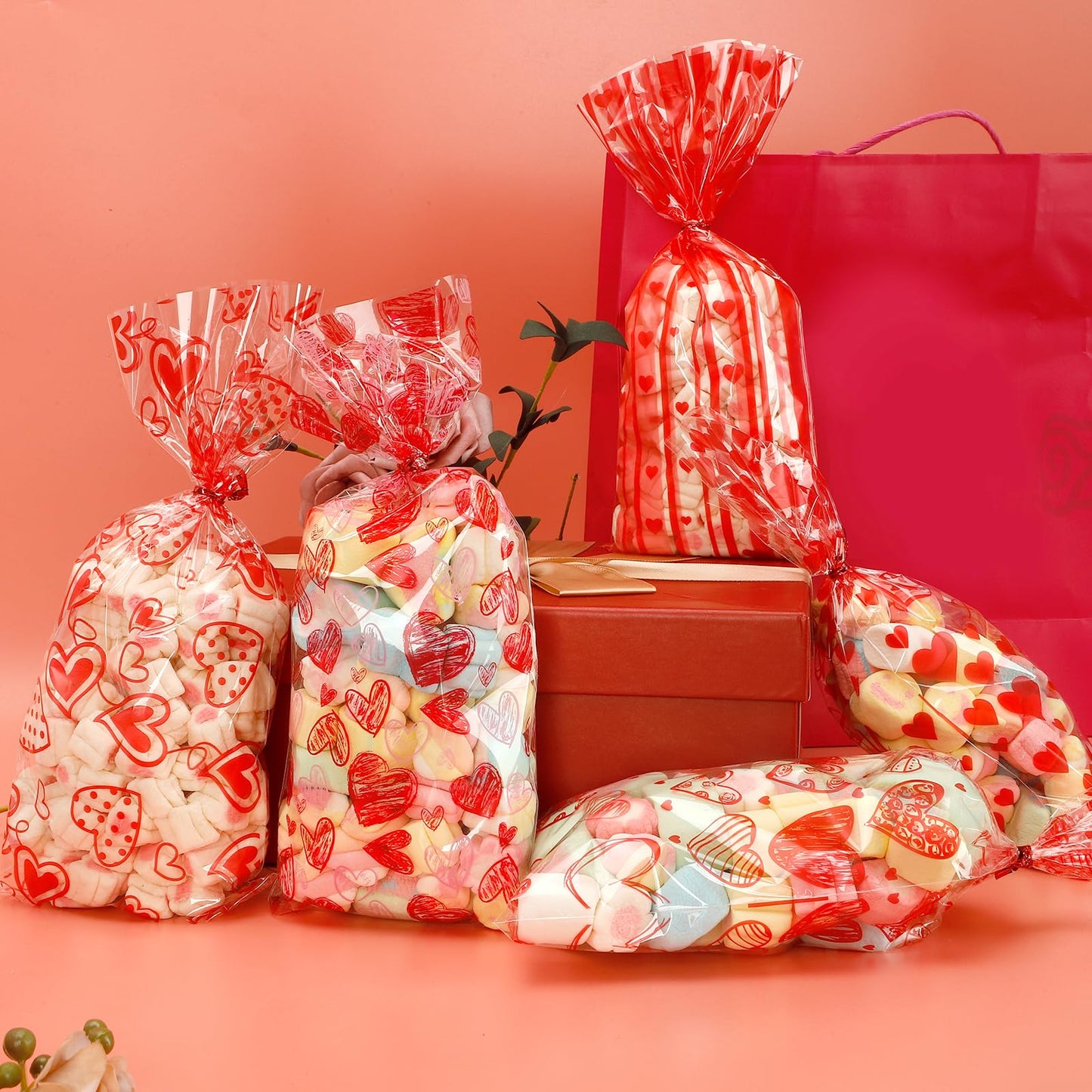 Valentine Treat Bags, 100 Pcs Valentines Cellophane Bags, Plastic Clear Red Valentine Candy Cookie Gift Goodie Snack Bag with 100 Pcs Twist Ties for Valentines Wedding Party Favor Supplies, 5 Styles