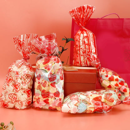 Valentine Treat Bags, 100 Pcs Valentines Cellophane Bags, Plastic Clear Red Valentine Candy Cookie Gift Goodie Snack Bag with 100 Pcs Twist Ties for Valentines Wedding Party Favor Supplies, 5 Styles