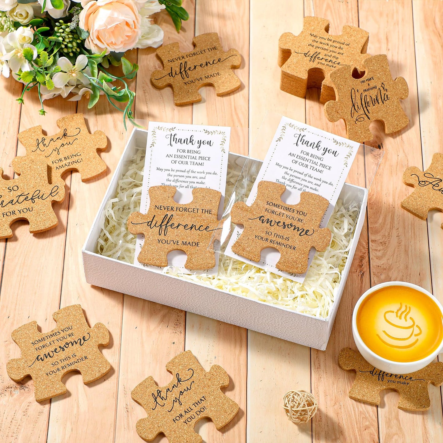 Hushee Inspirational Gift for Coworker Motivational Puzzle Piece Coasters Employee Appreciation Gifts with Cards Bags for Social Worker Staff Office(40 Pcs,10 Styles)
