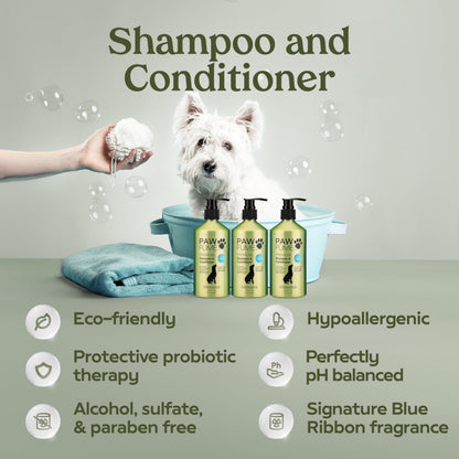 Pawfume Dog Gift Basket, 6-Piece Box – Give Your Pup a Spa-Quality Coat & Odor-Free Freshness – Probiotic Deodorizer Spray, Hypoallergenic Grooming Mist & Premium Brush – Dog Gift Boxes for All Breeds