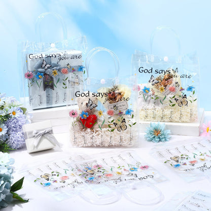 Dansydaisy 20 Pcs Christian Gift Bags with handle God Says You Are Bible Verse Floral Clear PVC Goodie Candy Treat Tote Bags for Religious Faith Spiritual Baptism Christmas Themed Party Supplies