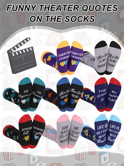 8 Pairs Funny Theater Socks Gifts for Men Women Novelty Drama Broadway Casual Crew Socks Theater Lover Gifts for Birthday Christmas