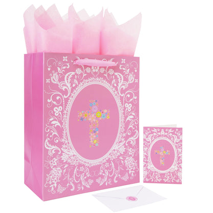 13'' Large Floral Religious Gift Bag Set with Handles, Greeting Card, Gold Tissue Papers and Stickers for Women Girls for Girls Women, for First Communions, Baby Girl Baptisms, Christenings, Religious Occasion, Clergy Day, Cross Design, 1 Pcs