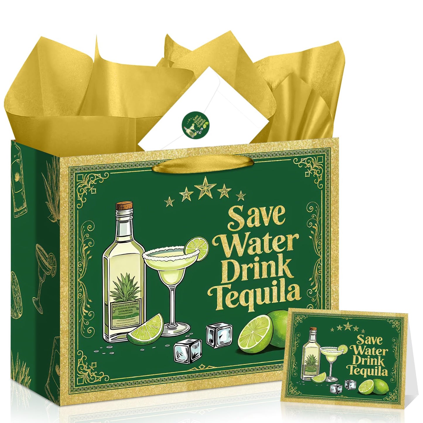 Green Gold Tequila Gift Bag, Margarita All-in-One Set with Greeting Card, Sticker, Envelope, and Tissue Paper, Funny Cocktail Gifts Wrap for Birthday, 21st, Bachelorette, Cinco de Mayo, Mexican Fiesta