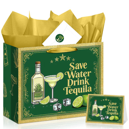 Green Gold Tequila Gift Bag, Margarita All-in-One Set with Greeting Card, Sticker, Envelope, and Tissue Paper, Funny Cocktail Gifts Wrap for Birthday, 21st, Bachelorette, Cinco de Mayo, Mexican Fiesta
