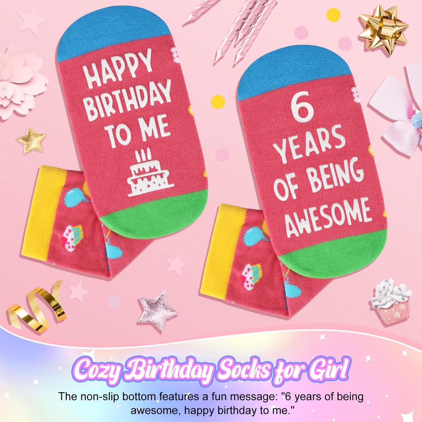 6 Year Old Girl Birthday Gift Set, Gifts for 6 Year Old Girls with Glass Cup (16oz), Socks, Pearl Necklace, Beaded Bracelet, Birthday Hat, Sash & Card