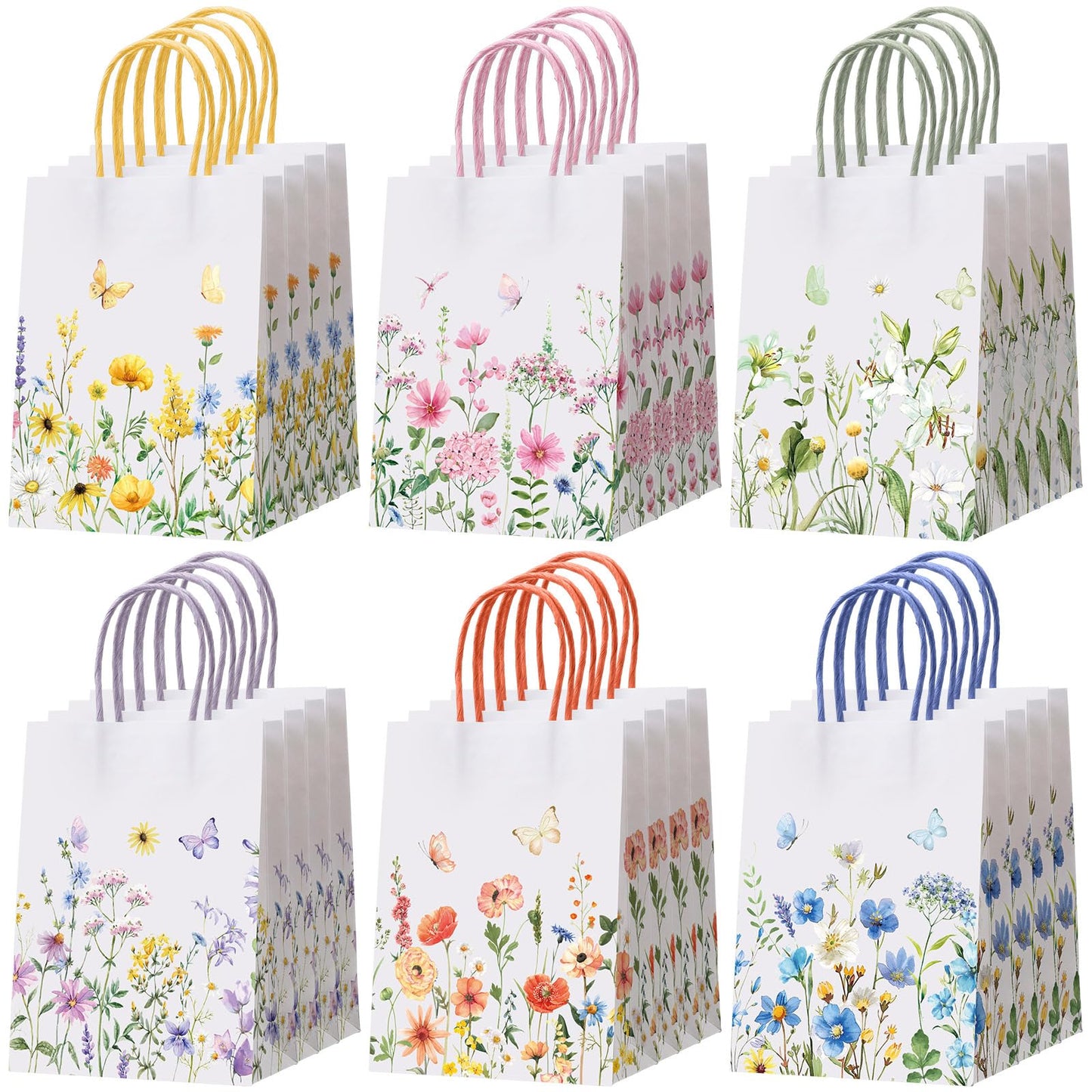 Gaillty 24 Pcs Wildflower Paper Gift Bags 6 Styles, Floral Goodie Bags with Handles Flower Wedding Welcome Bag for Wedding Bridal Shower Engagement Baby Shower Birthday Spring Tea Party Supplies