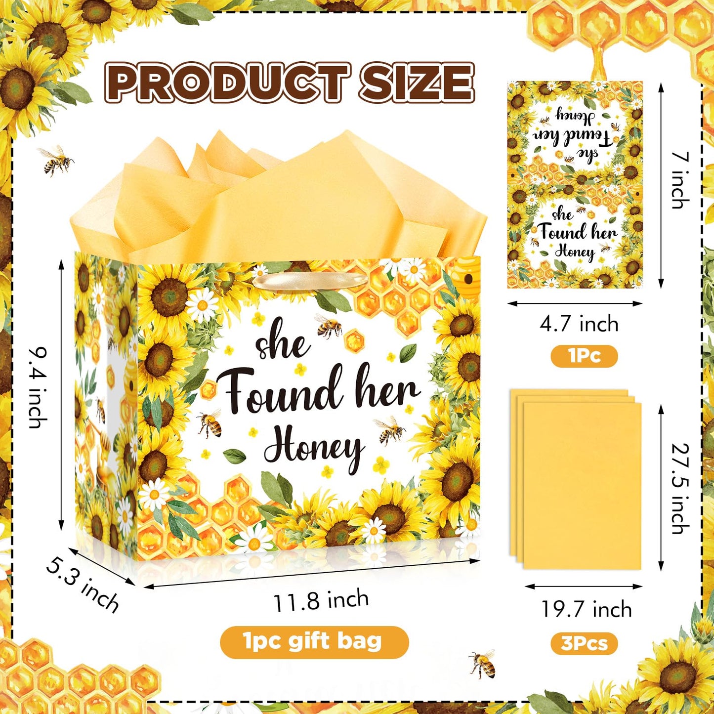 Woosytoo Bridal Shower Gift Bag Bee Bridal Shower Decorations She Found Her Honey Gift Wrapping Paper Bag with Greeting Card or Engagement Bride to Be Wedding Party, Bachelorette Party Supplies