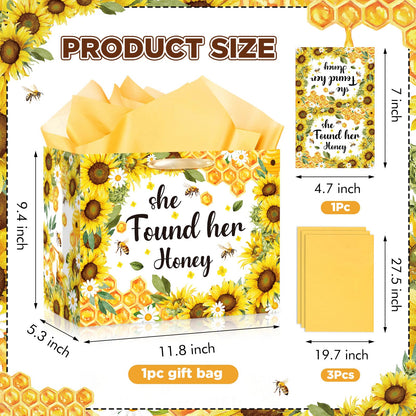 Woosytoo Bridal Shower Gift Bag Bee Bridal Shower Decorations She Found Her Honey Gift Wrapping Paper Bag with Greeting Card or Engagement Bride to Be Wedding Party, Bachelorette Party Supplies
