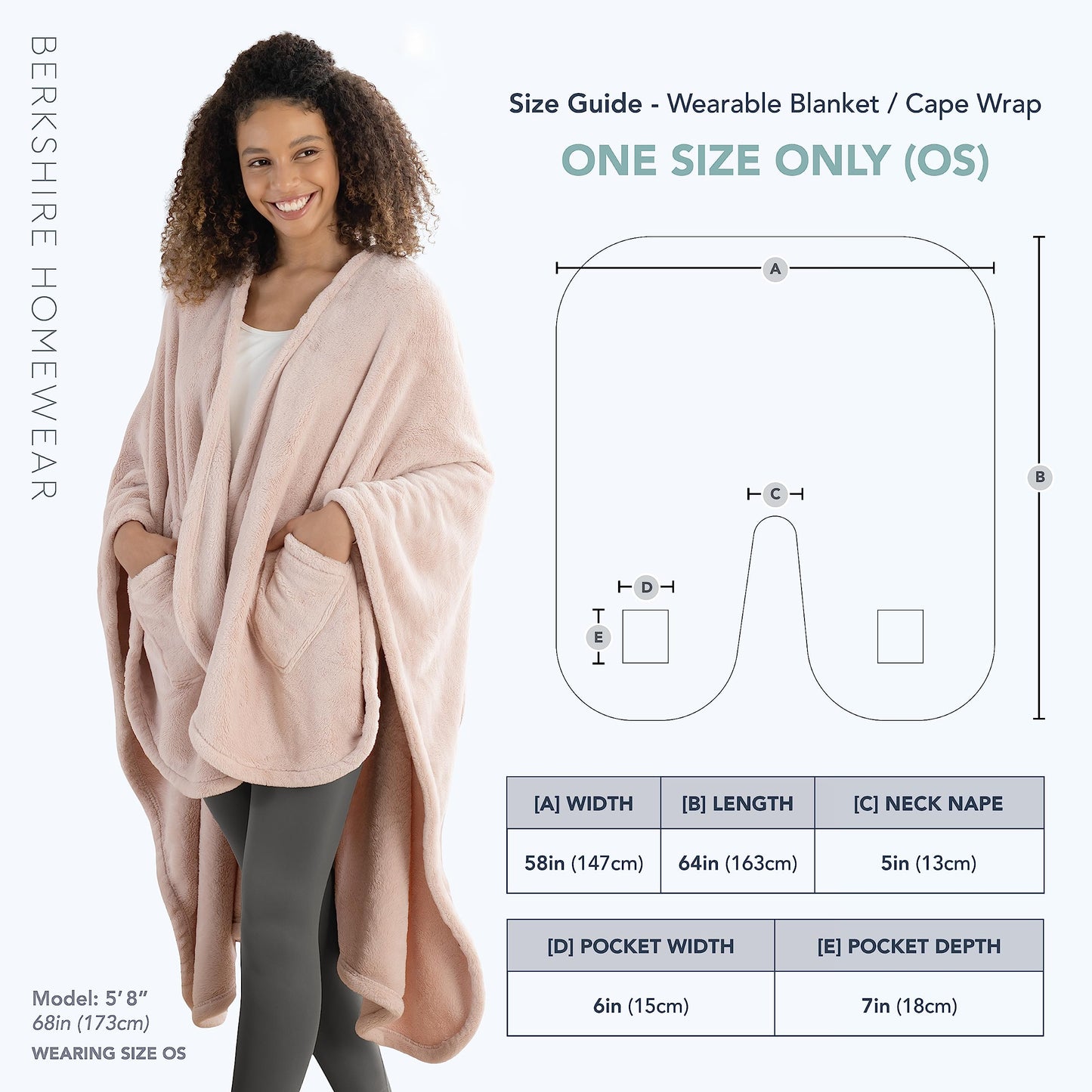 Berkshire Blanket Primalush™ Wearable Blanket, Cozy Loungewear Pocketed Plush Cape Wrap for Adults & Teens(Moonbeam, One Size 58"X64")