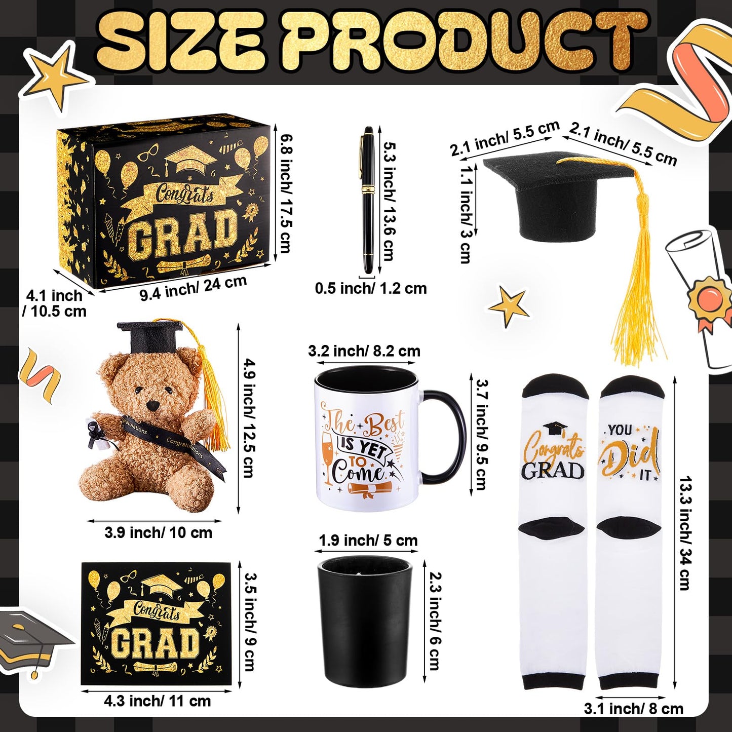 Tenceur 2026 Graduation Gift Set for Him Her Congrats Favor Basket Grad Box Bear Sock Bracelet Mini Graduation Hat for School(Black)