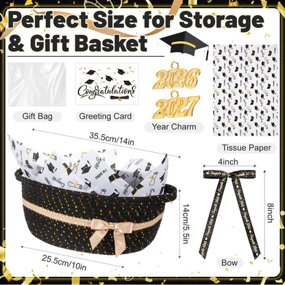 Colingmill Gift Basket for Graduation, Empty Woven Basket with Gift Bag Bow and Tissue Paper, Decorative Rope Baskets for 2026 Grad Keepsake Gifts, 14"x 10"x 5.5"(Black)