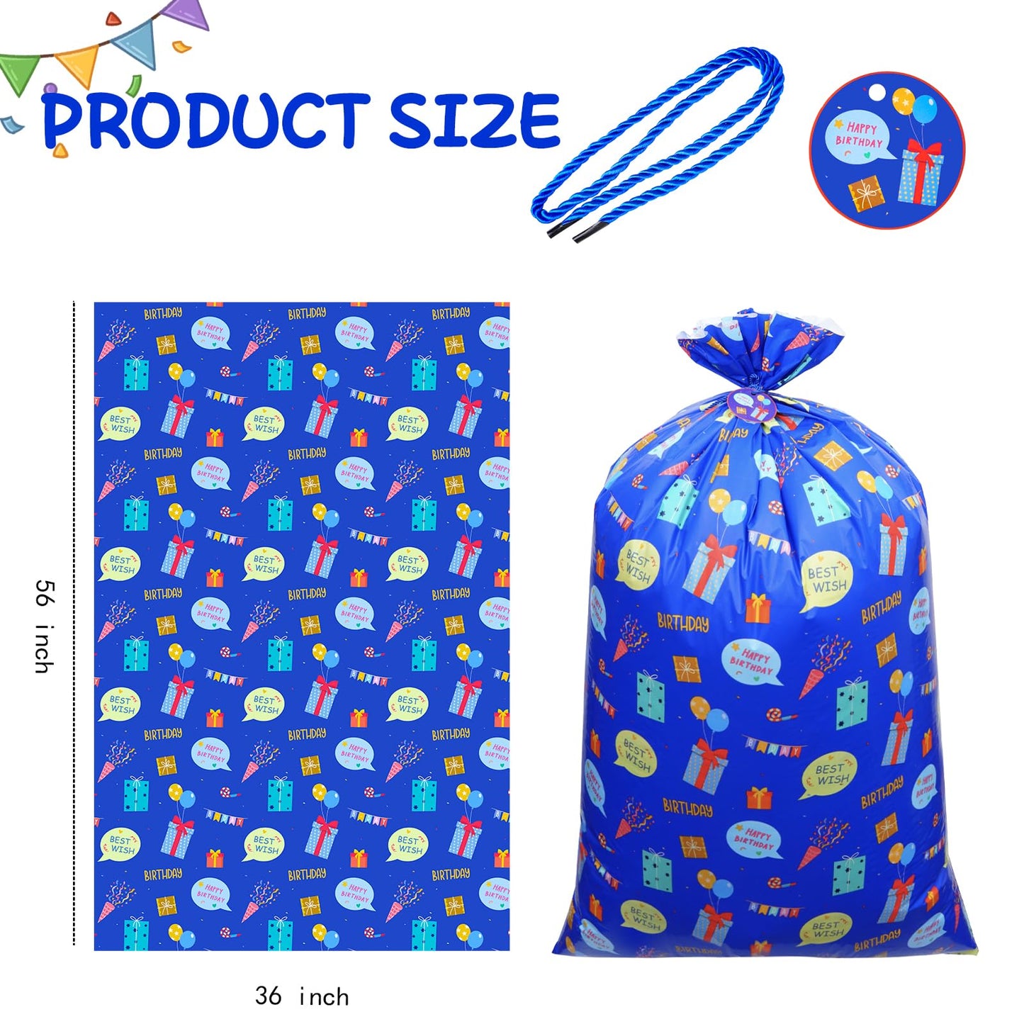 Plauthus 56” Jumbo Plastic Gift Bag, Extra Lager Birthday Gift Bag for Giant Gift (Patterns of Gift Boxes and Greeting Words) for Kids, Boys Teens Birthday (Boy-Blue)