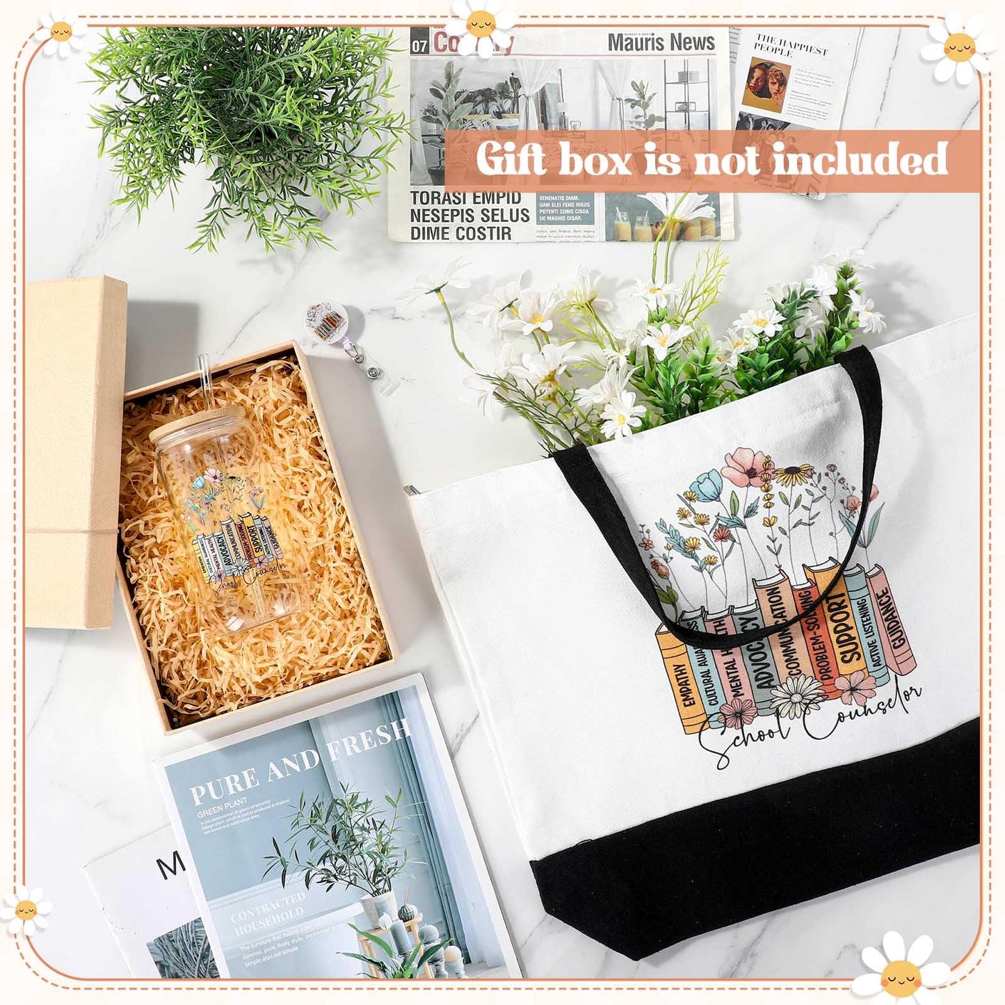 Vesici 3 Pcs School Counselor Teacher Appreciation Gifts for Women, 16 oz Glass Cup Large Canvas Tote Bag with Retractable Badge Reel Teacher Appreciation Week Gifts for Instructor Graduation Favors