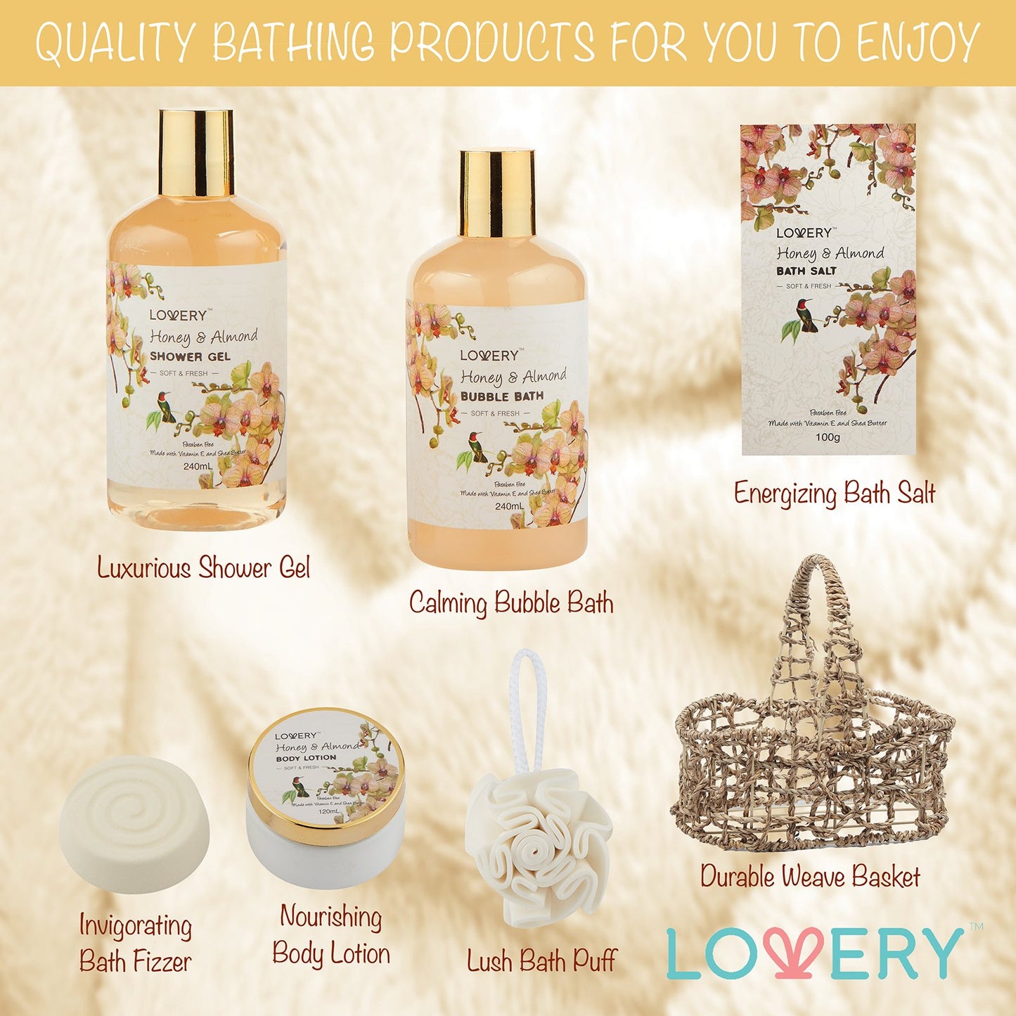 Mothers Day Gift Basket, Gifts for Mom, Daughter, Grandma, Wife, Spa Honey & Almond Scent, Luxury Bath & Body Set, Shower Gel, Bubble Bath, Body Lotion, Salts, Bath Bomb, Bath Puff & Handmade Basket