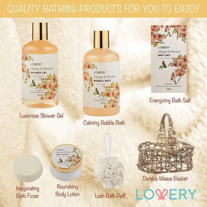 Mothers Day Gift Basket, Gifts for Mom, Daughter, Grandma, Wife, Spa Honey & Almond Scent, Luxury Bath & Body Set, Shower Gel, Bubble Bath, Body Lotion, Salts, Bath Bomb, Bath Puff & Handmade Basket