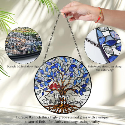 60th Wedding Anniversary Stained Glass Suncatcher, 6x6' Diamond Anniversary Decorations, 60th Celebration Marriage Gifts for Parents, Couple, Wife & Husband, 60 Wedding Milestone Keepsake