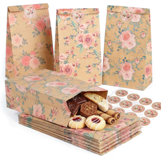 VGOODALL 24 Pack Floral Party Favor Bags with Stickers - 8.7"x4.7"x3.1" Vintage Rose Goodie Bags, for Wedding, Bridal Shower, Baby Shower & Gift Packaging (3 Designs)