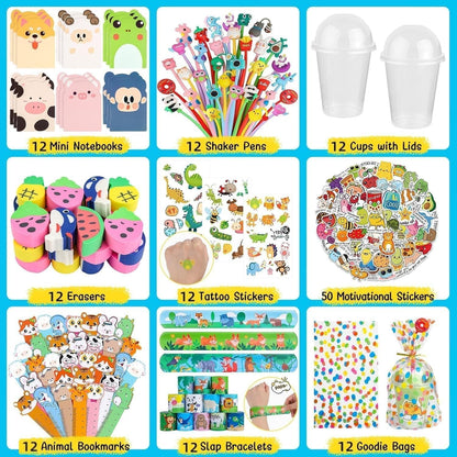 Mepmela Return Gifts for Birthday Party, 12 Pack Birthday Goodie Bags with Cups Notebooks Fun Pens Stickers for Classroom Gifts Class Rewards Prizes