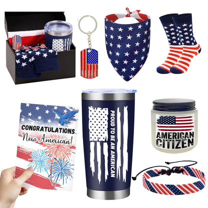 7 Pcs New US Citizenship Gift American Flag Gifts Set Include Water Bottle Wristband Handkerchief Keychain Socks Aromatherapy Card Patriotic Gift Box Congratulations Card for Foreigners Veterans