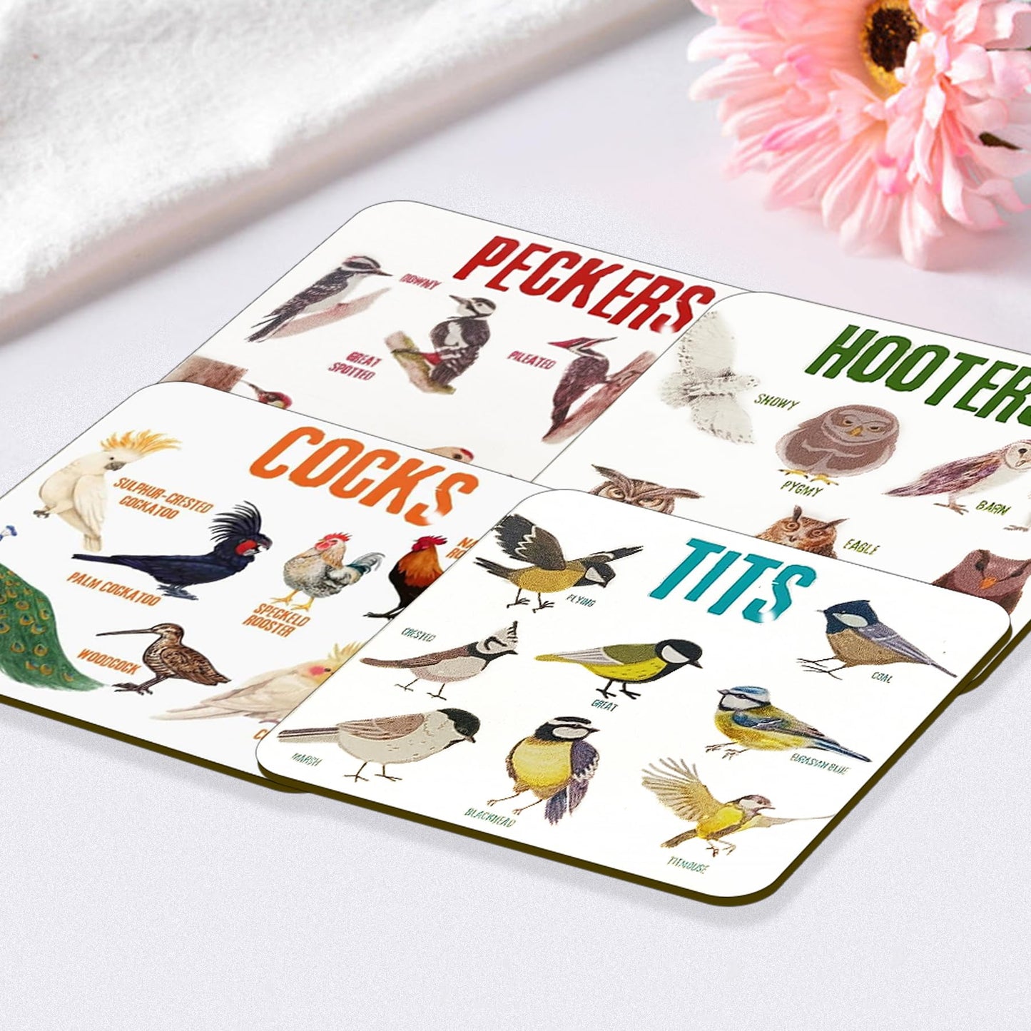 Bird Pun Coasters, Square Funny Coaster Set Coffee Coasters for Bird Lovers Kitchen Decor Housewarming Gifts (4 Pcs)