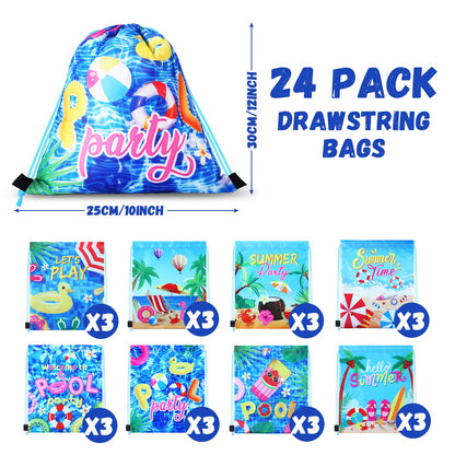 Hosuly 24 Pcs Summer Pool Party Favor Drawstring Bags Hawaiian Backpacks Swimming Pool Party Decoration Goodie Treat Gift Bags Beach for Kids Boy Girl Summer Birthday Beach Hawaiian Supplies