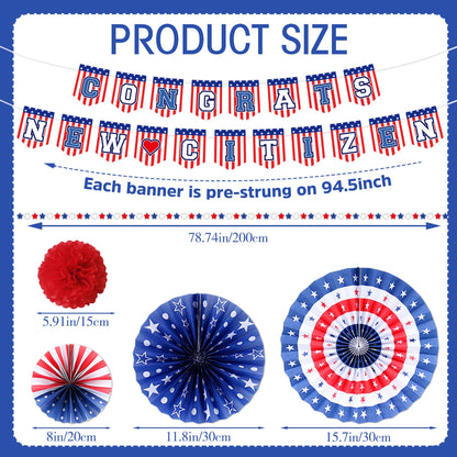 Us Citizenship Party Decorations - 31 Pcs Concrats New Citizen Banner Garland Hanging Swirls Paper Fans Pom Poms Americal Flags Decor Set Oath Ceremonies Patriotic Gift Ideas Supplies