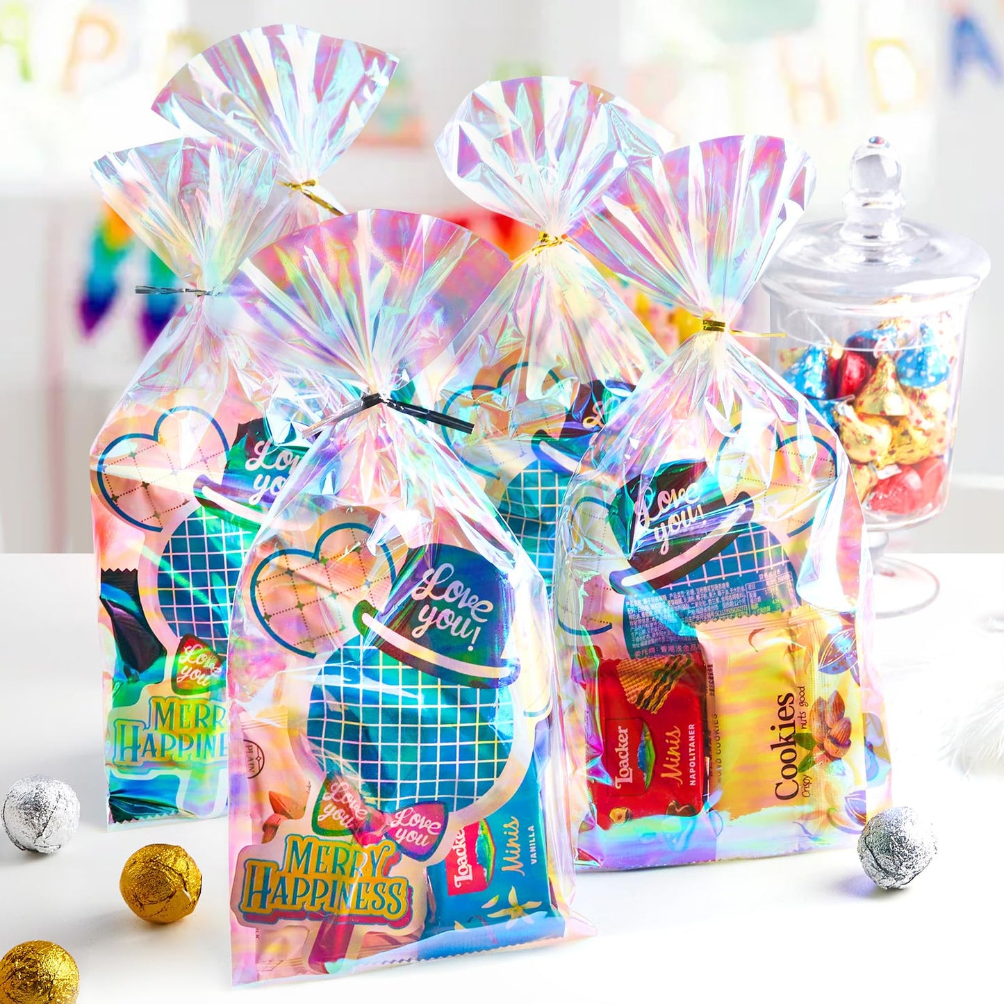 Ohuimrt 5x11 Inches Iridescent Cellophane Treat Bags with Ties, 100 PCS Small Plastic Holographic Goodie Bags for Candies, Snacks, Popcorn, Small Gifts and Party Favor