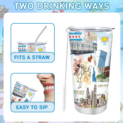 Keluna Chicago Souvenirs Gifts Tumbler - 20Oz Stainless Steel Chicago Travel Mug with Lids Straw Brush Insulated, City Travel Trip Birthday Christmas Mother's Day Gifts for Friends Familes Coworkers