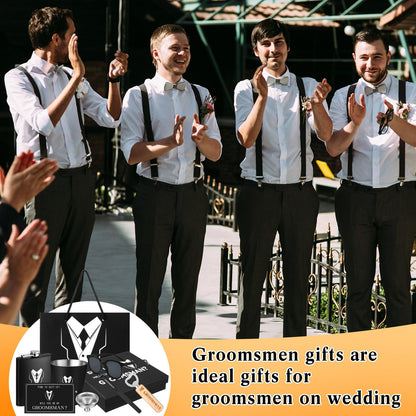 Layhit 9 Pcs Groomsmen Proposal Gifts Set of 1 Wedding Party Gift Including 1 Flask 2 Stainless Steel Shot Glass 1 Wood Bottle Opener 1 Pen 1 Sunglasses 1 Card 1 Box 1 Bag