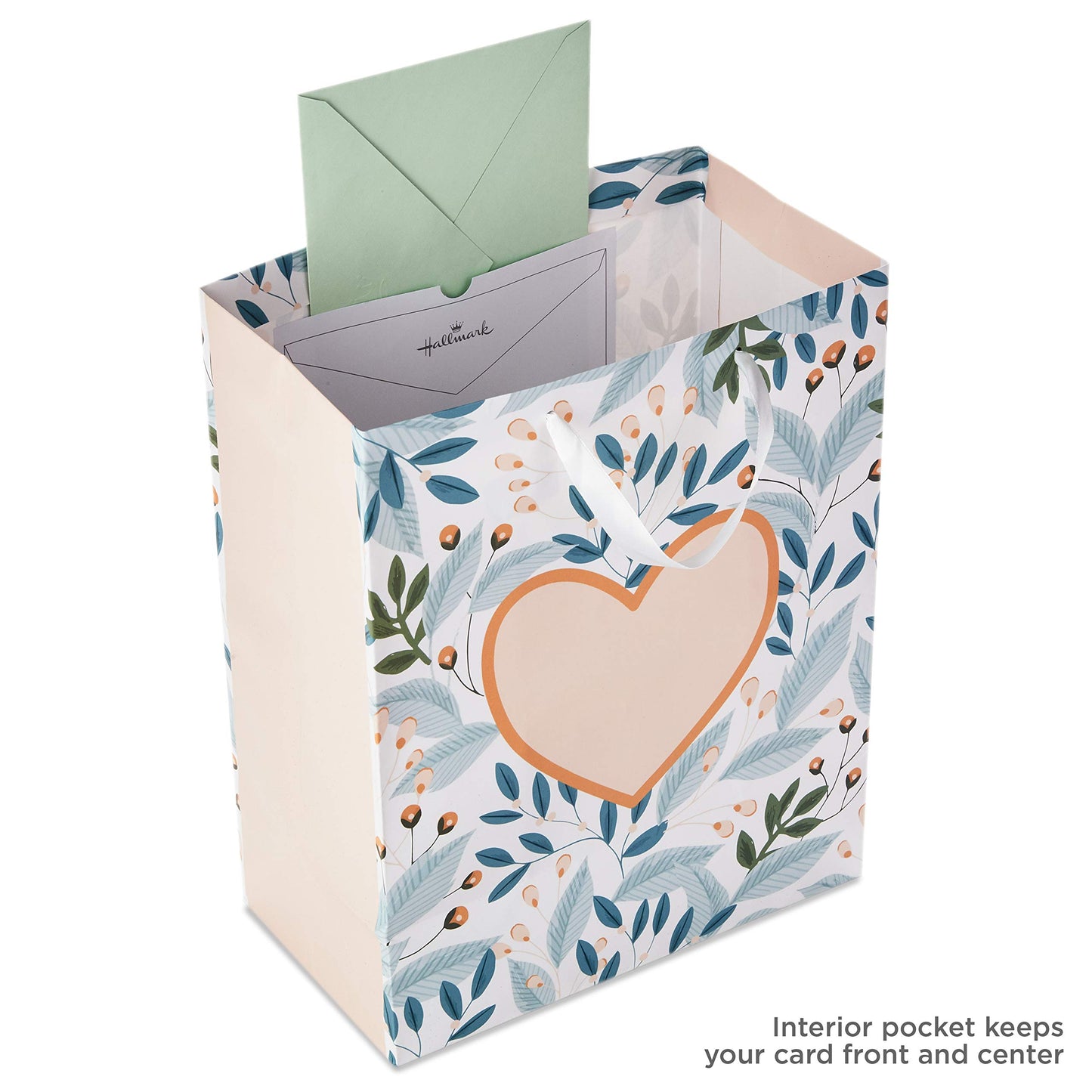 Hallmark 13" Large Gift Bag with Tissue Paper (Green Foliage, Gold Heart) for Weddings, Engagements, Anniversaries, Bridal Showers, and More