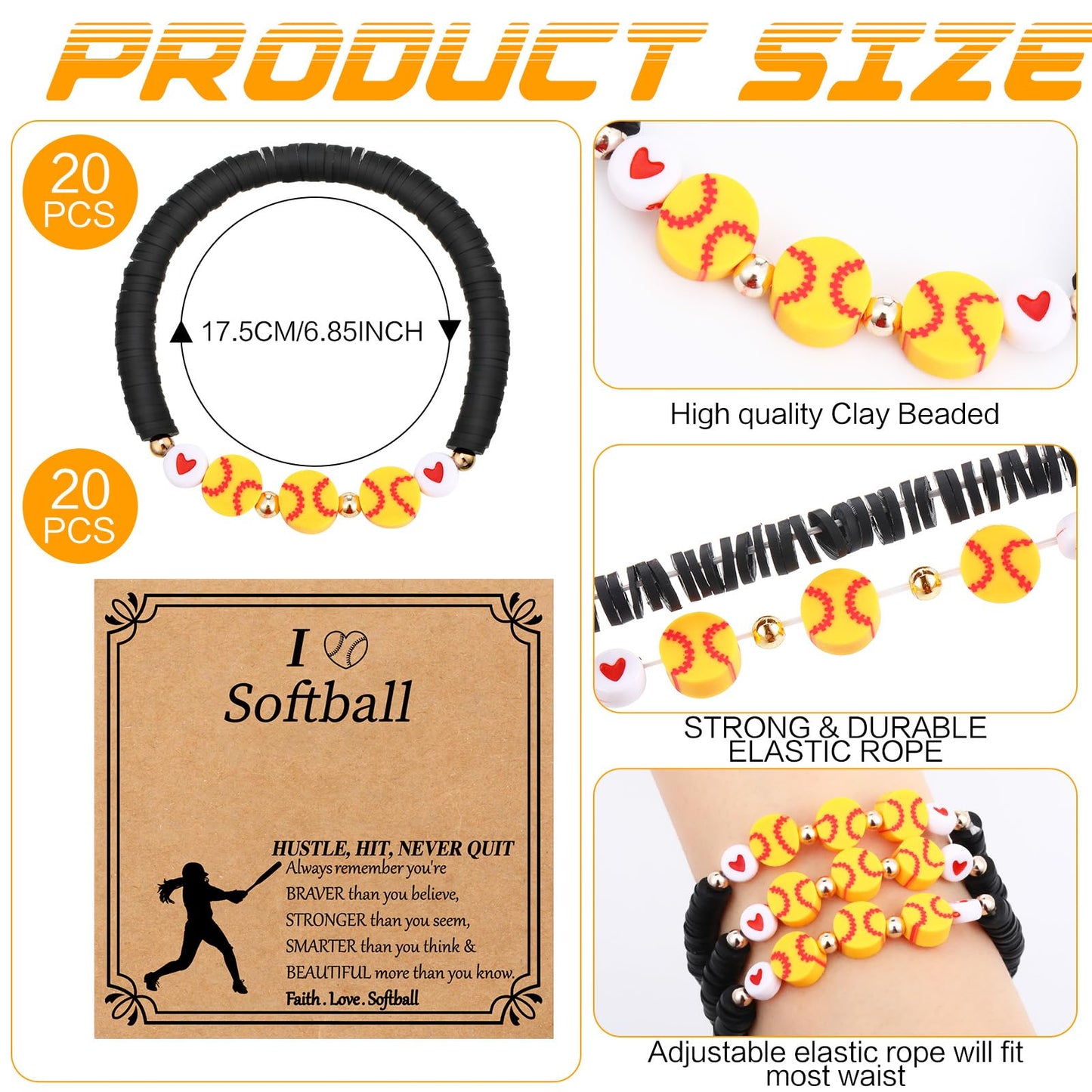 Ecation 20 Set Softball Bracelets Team Gift Bulk Softball Senior Night Adjustable Bead Ball Charm Bracelet with Inspirational Card for Sport Team Sport Lovers Player Gifts Birthday Party