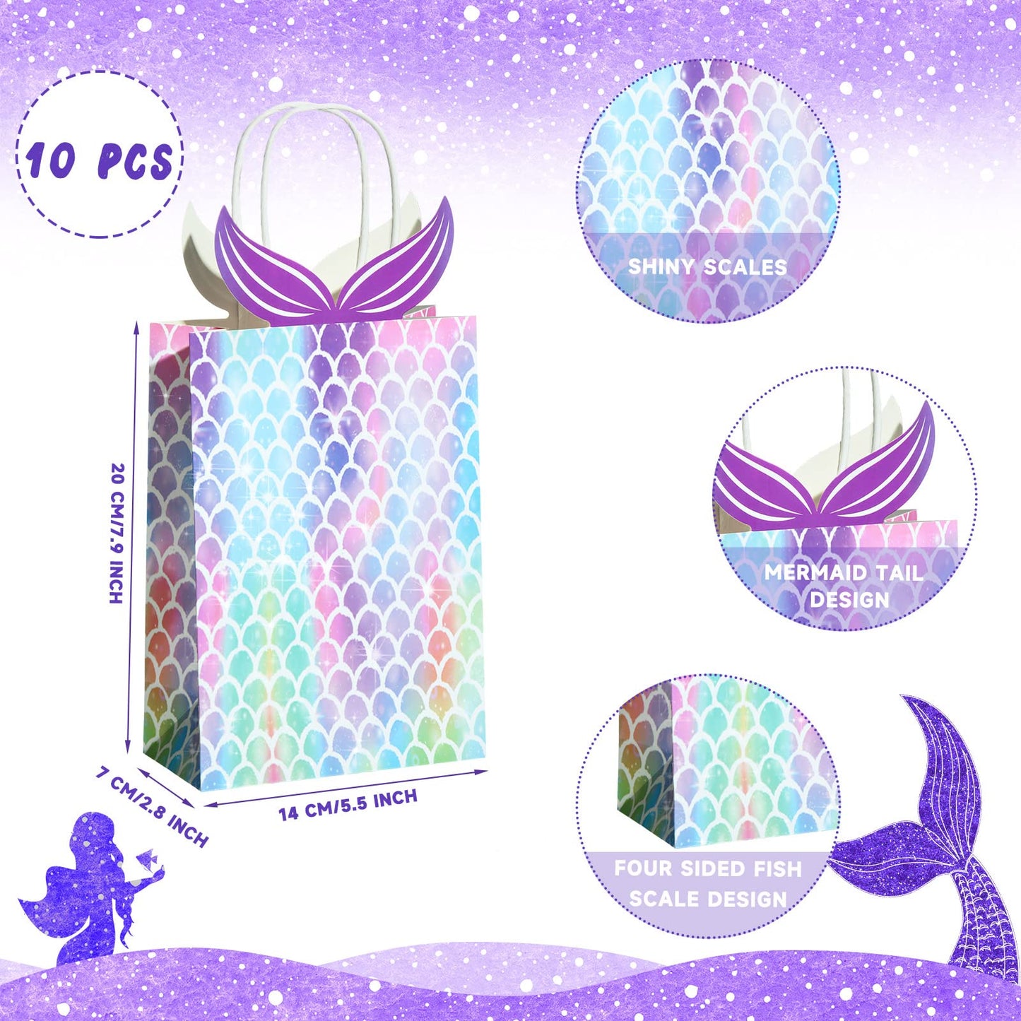 Chinco 10 Pieces Mermaid Gift Bags Party Favors Goodie Candy Treat Bags with Handle Mermaid Party Supplies for Girls Birthday Baby Shower Little Decorations