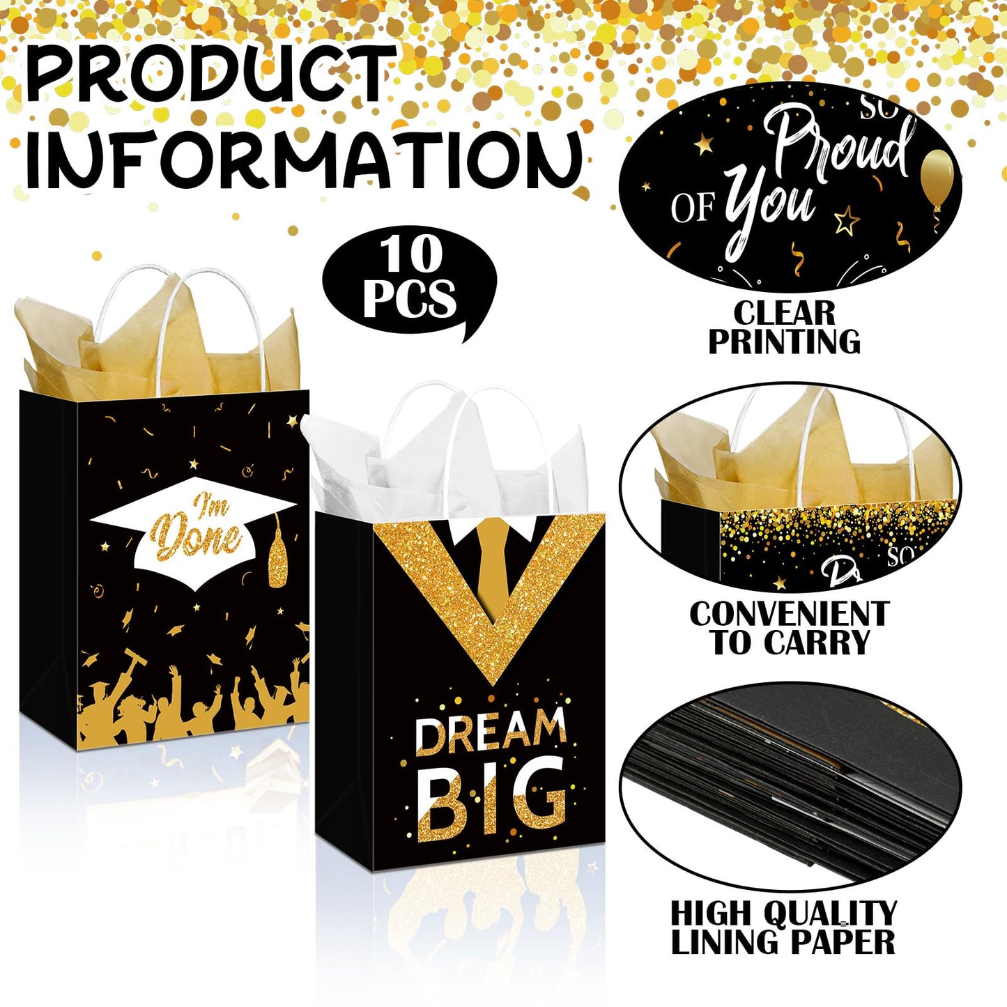 Geyoga 10 Pcs 13'' Large 2026 Graduation Party Favor Bags with Handles and Tissue Papers, Class of 2026 Graduation Gift Bags for High School College Congrats Grad Party Supplies(Black and Gold)