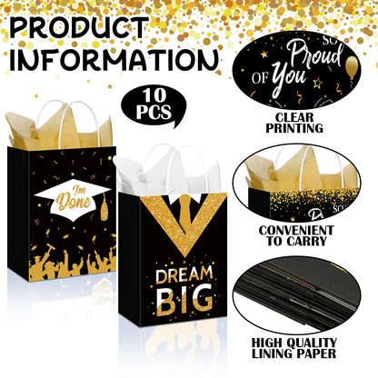 Geyoga 10 Pcs 13'' Large 2026 Graduation Party Favor Bags with Handles and Tissue Papers, Class of 2026 Graduation Gift Bags for High School College Congrats Grad Party Supplies(Black and Gold)