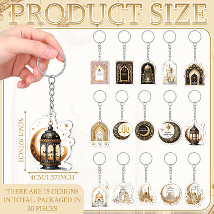 Liliaafar 30 Pcs Islamic Keychain Gifts Bulk Acrylic Muslim Keychain Ramadan Eid Gifts Bulk Stars Moon Rosary Religious Party Favors for Ramadan Hajj Wedding(30 Pcs,Attractive)