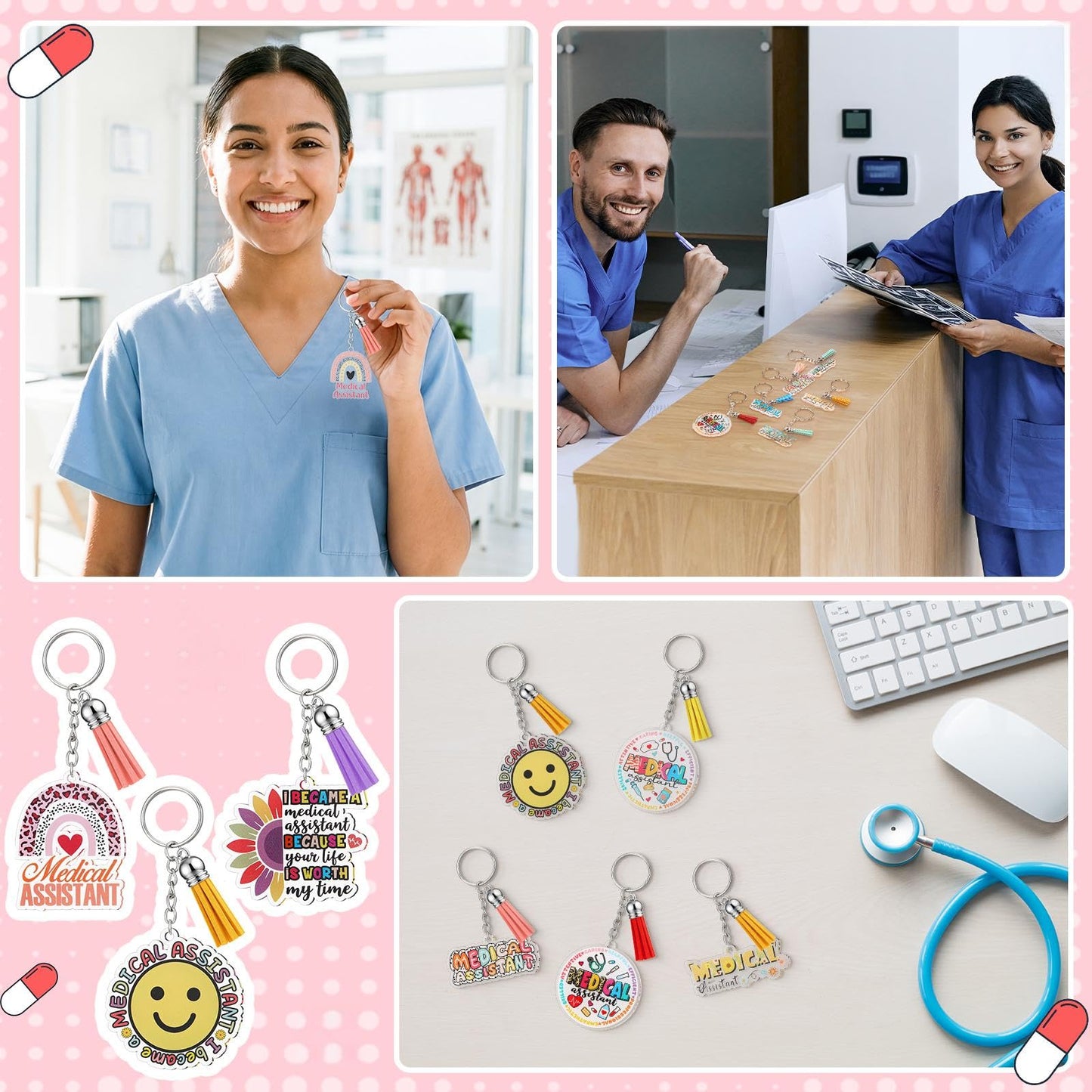 Equsion 24 Pcs Medical Assistant Keychains Bulk Medical Assistant Essentials Gifts Thank You Keychains Motivational Acrylic Gifts Accessories for Nurse Women Female Men Appreciation Favors