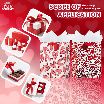 OFIHANLY 2 Pack 12.6" Medium Size Happy Valentine's Day Gift Bags with Handles for Women Her Red Heart Paper Gift Wrap Bags with Tissue Paper for Kids