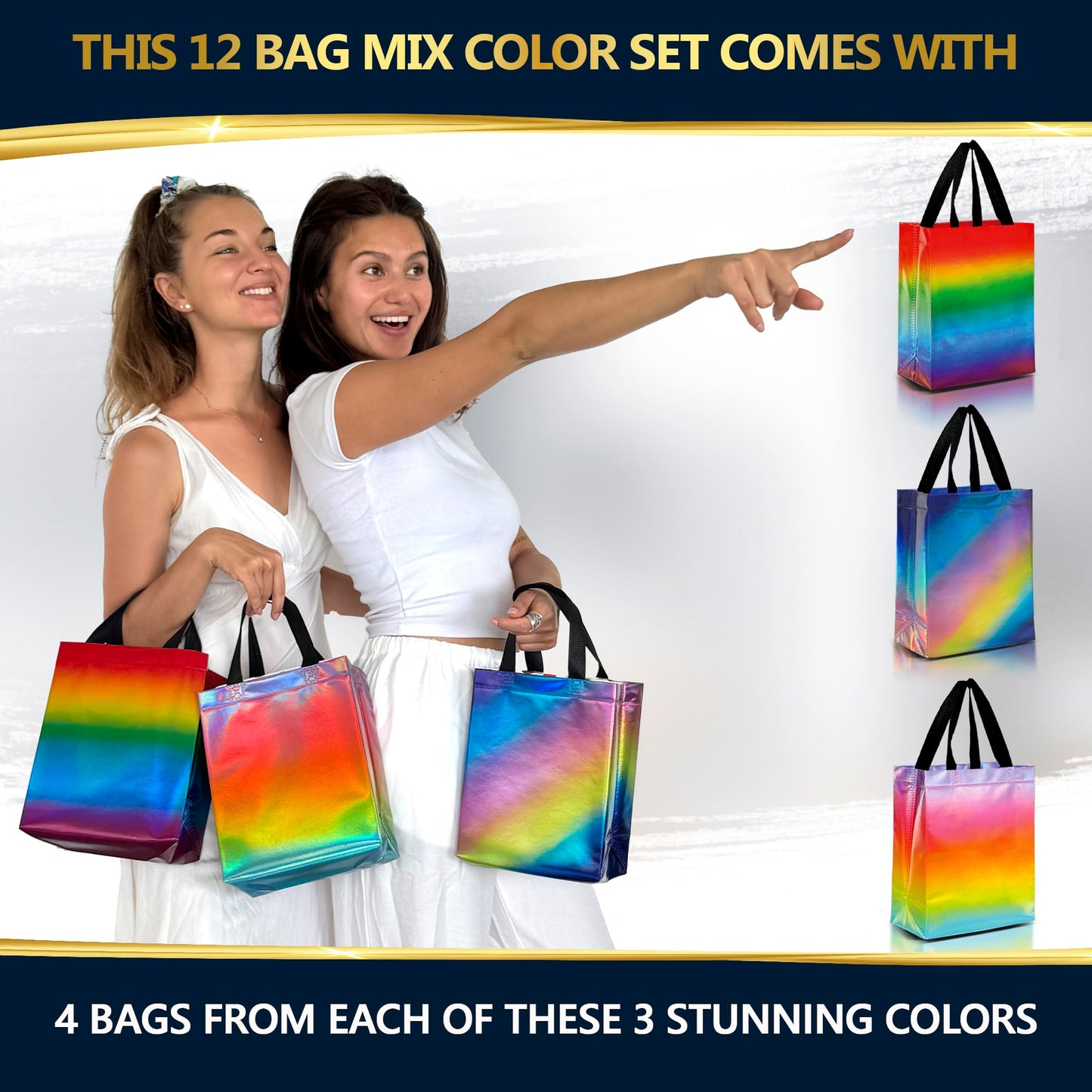 Nush Nush Rainbow Gift Bags in 3 Colorful Design - Set of 12 Reusable Gradient Gift Bags With Handles - Ideal Goodie Bag for Birthday Party Favors, Thanksgiving, Holiday, Kids Party - 8"x4"x10"