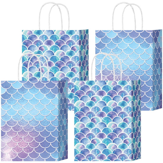 W WINTMING 20Pcs Mermaid Scale Gift Bag Colorful Fish Scale Paper Bags Mermaid Party Favor Bags Scale Goodie Bags with Handles for Birthday Wedding Party Decoration (Blue)