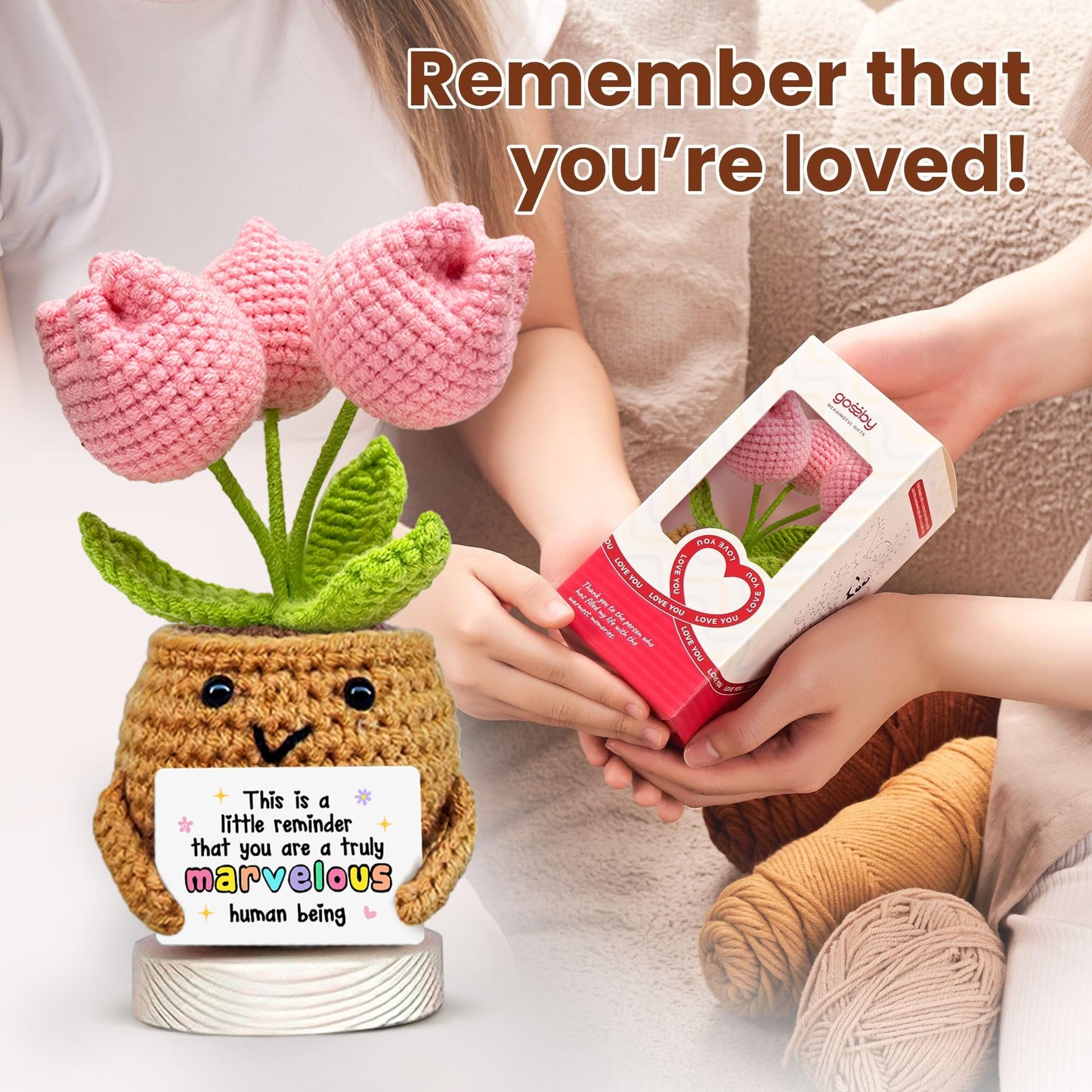 Gossby Handmade Positive Tulip Flower Crochet - This is A Little Reminder - Inspirational Gift for Women - Thank You, Appreciation, Positive Gift for Teacher, Mom, Friend, Coworker - Knitted Decor