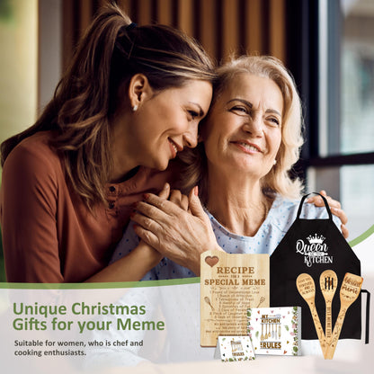 Meme Gifts, Gift for Meme for Grandma Mothers Day Wooden Cutting Board with Cooking Utensils Set with Apron from Grandkids Kitchen Set