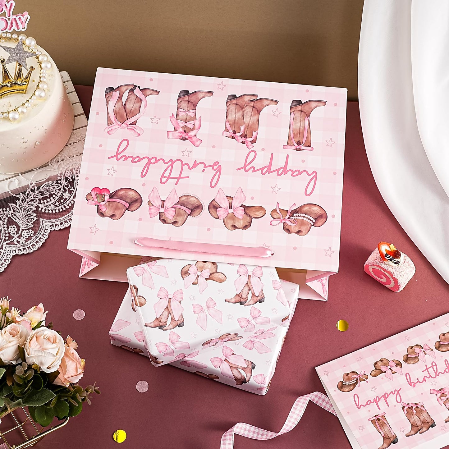 WRAPAHOLIC 13" Large Pink Cowgirl Birthday Gift Bag with Card and Tissue Paper - Western Bow Happy Birthday Wrapping Paper Bags for Party Favors Decor Girls Women Supplies
